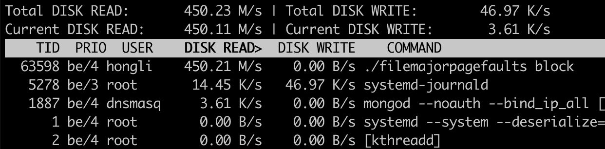 iotop showing the filemajorpagefaults simulator producing a lot of disk read activity