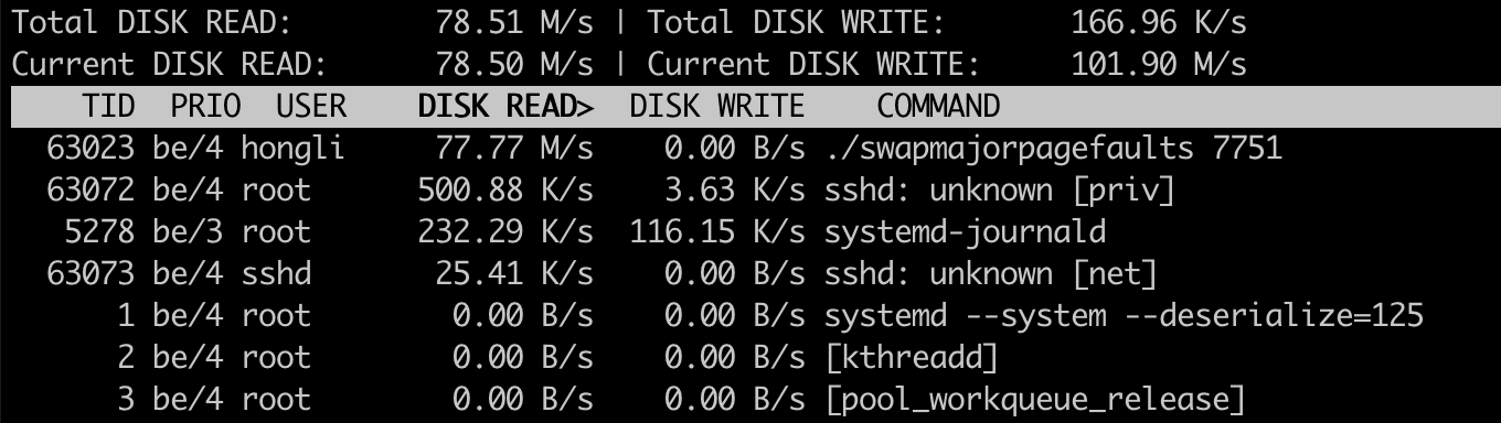 iotop showing the swapmajorpagefaults simulator producing a lot of disk read activity